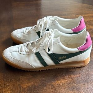 Gola White Leather Sneakers with Green Stripes & Pink Heel Tab - Size 9.5